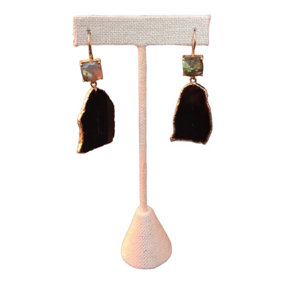 Labradorite and Black Agate Slice gold plated one of a kind wire back Earrings - Picture 5 of 8